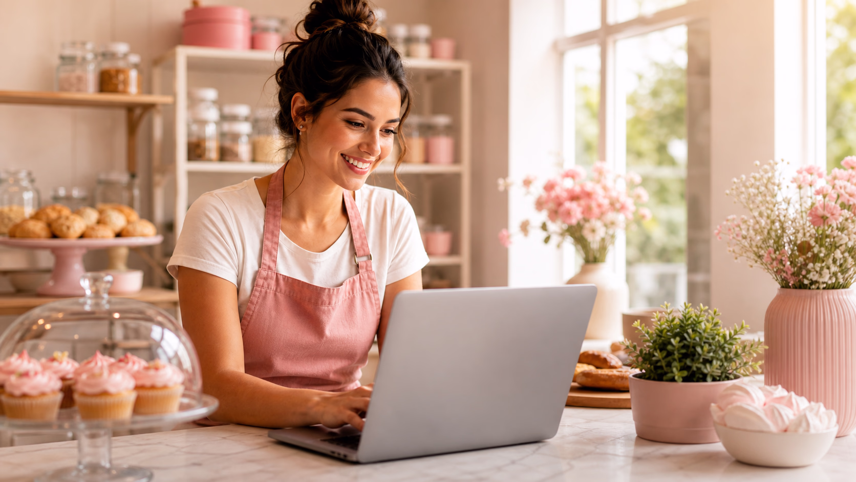 Emprendedora de repostería usando su computador en una cocina luminosa